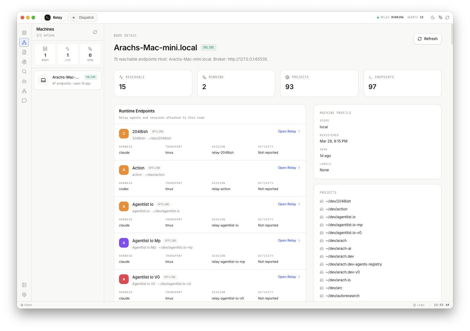 OpenScout Relay machines view captured March 31, 2026 at 11:53:55 AM