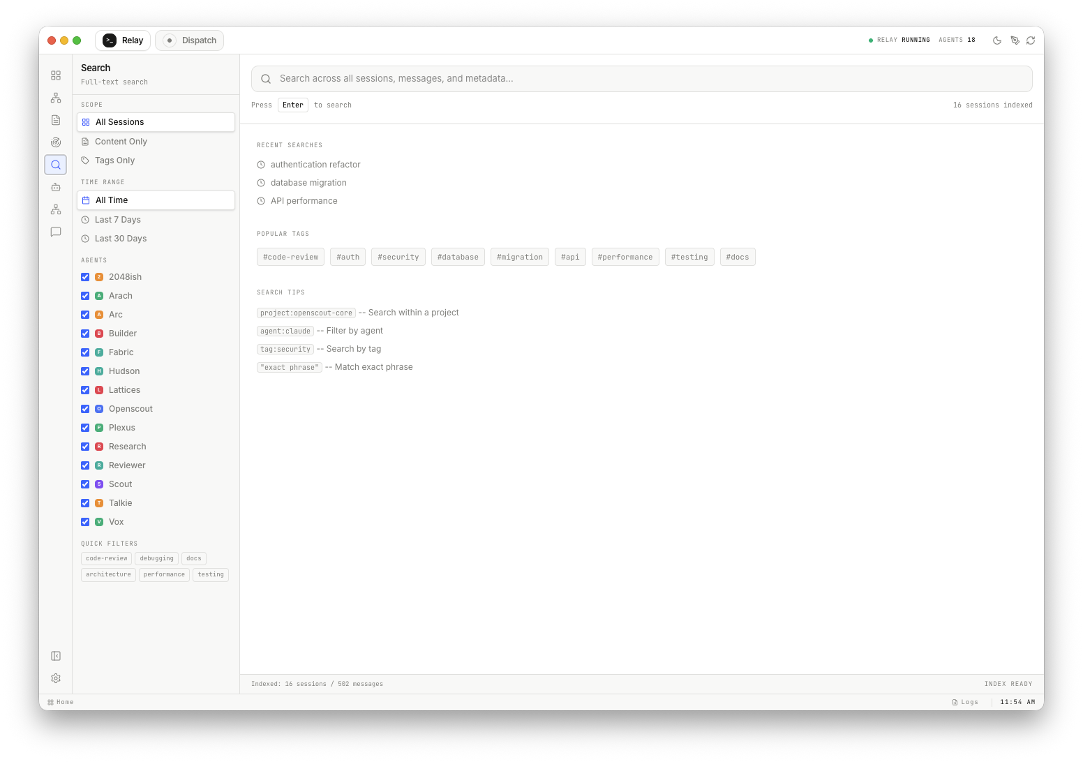 OpenScout Relay search view captured March 31, 2026 at 11:54:04 AM