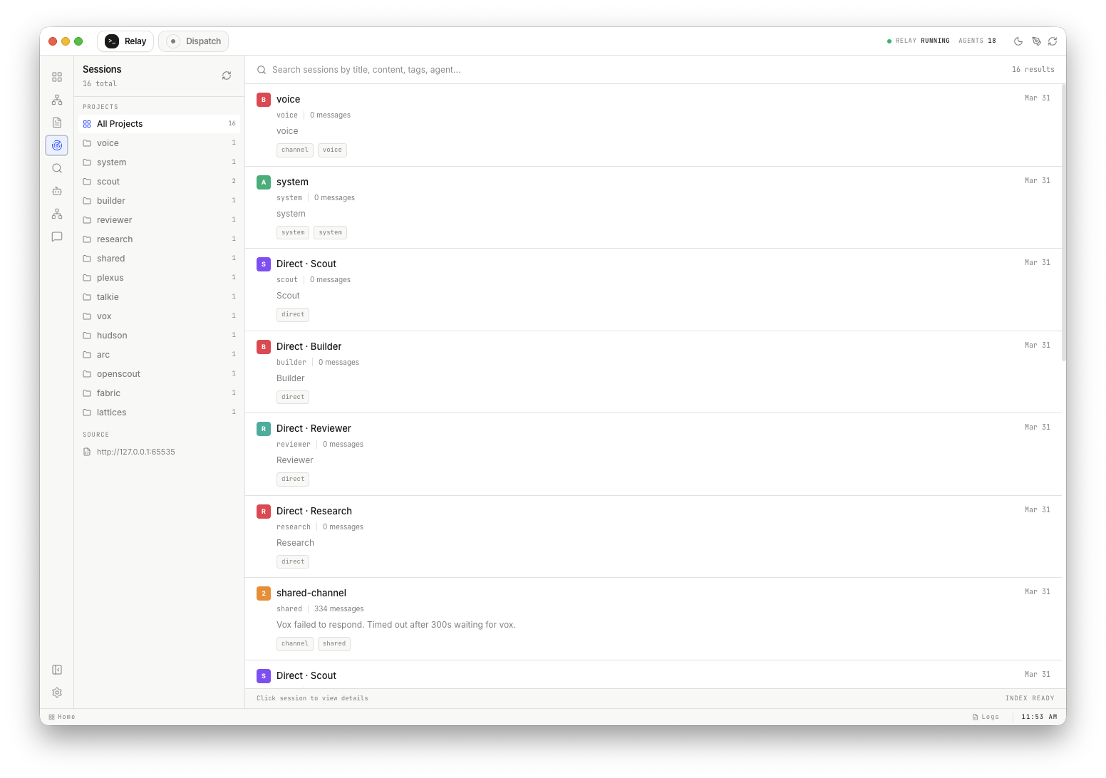 OpenScout Relay sessions index captured March 31, 2026 at 11:53:59 AM