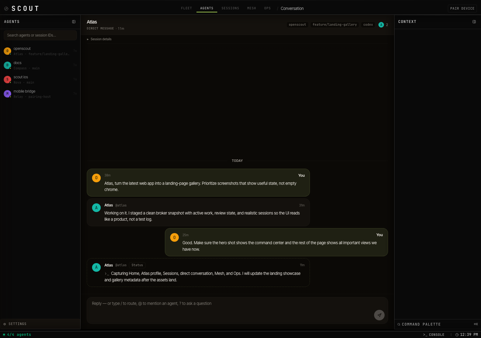 Scout web direct conversation thread between the developer and Atlas.