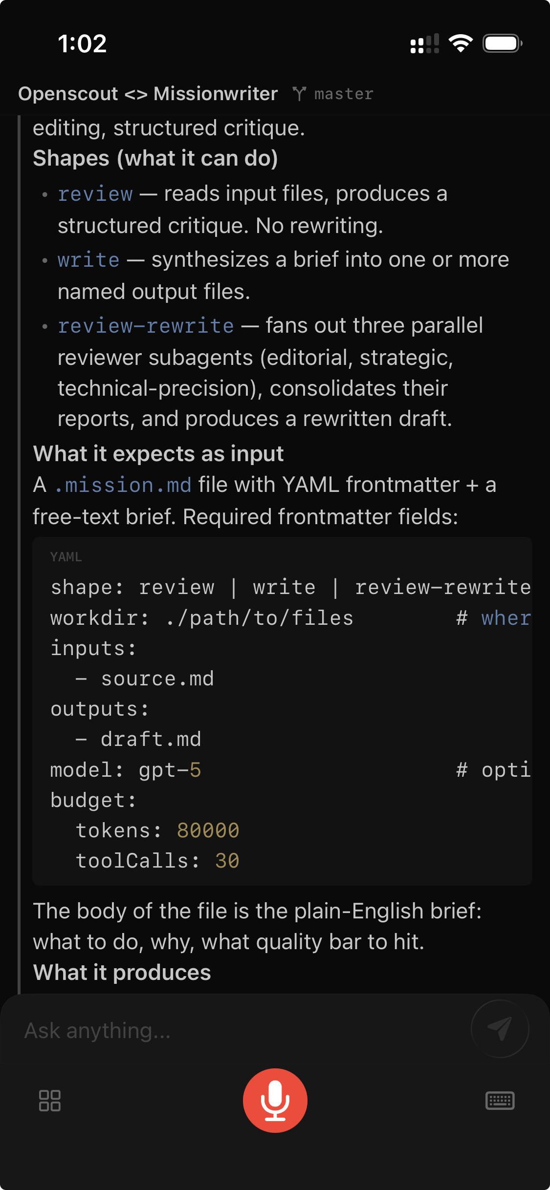 Scout iOS app — agent conversation thread on iPhone.